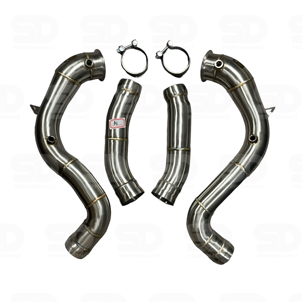 High-performance 76mm de-cat downpipes for Mercedes C63/C63S AMG (W205/S205/C205). Increases power, improves turbo spool, and delivers a louder, more aggressive exhaust note. Made from TIG-welded T304 stainless steel.