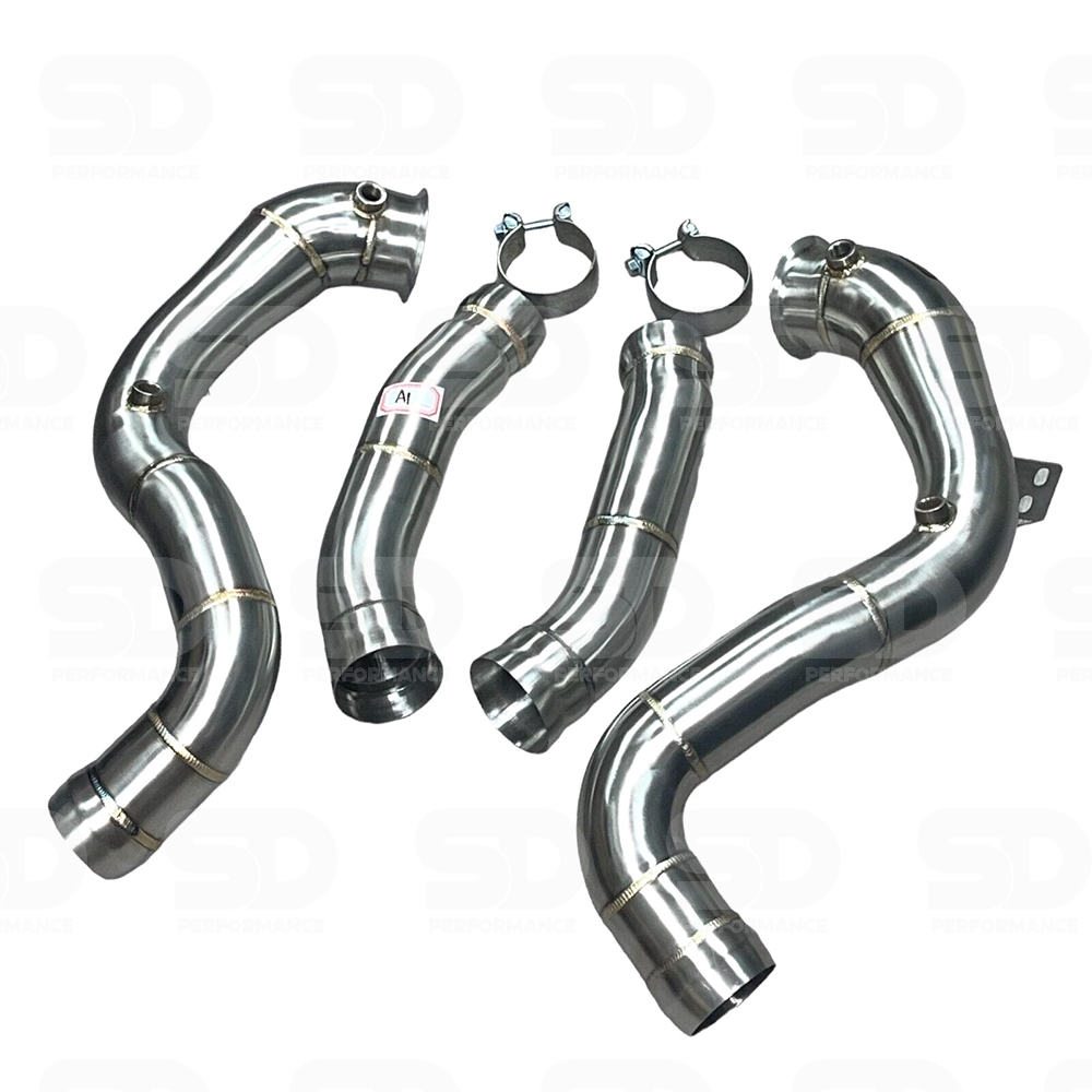 High-performance 76mm de-cat downpipes for Mercedes C63/C63S AMG (W205/S205/C205). Increases power, improves turbo spool, and delivers a louder, more aggressive exhaust note. Made from TIG-welded T304 stainless steel.